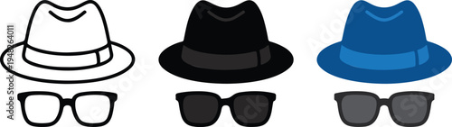 Minimalist spy and detective icon set with fedora hat and sunglasses in line art, black and blue variations