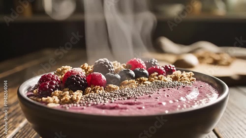 Wallpaper Mural A steaming bowl of vibrant purple berry smoothie topped with fresh raspberries, blackberries, blueberries, crunchy granola, and chia seeds on a rustic wooden table. Torontodigital.ca