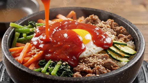 Wallpaper Mural A steaming hot bibimbap in a stone bowl, topped with a perfectly fried egg and assorted colorful vegetables Torontodigital.ca
