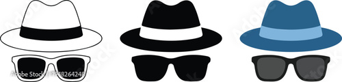 Minimalist spy and detective icon set with fedora hat and sunglasses in line art, black and blue variations