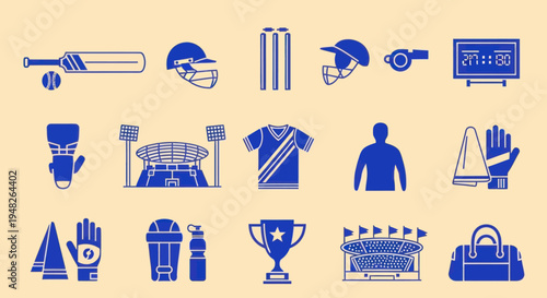 Cricket Sport Icons Set: Bat, Ball, Wicket, Helmet, Stadium, Trophy, Jersey, Whistle