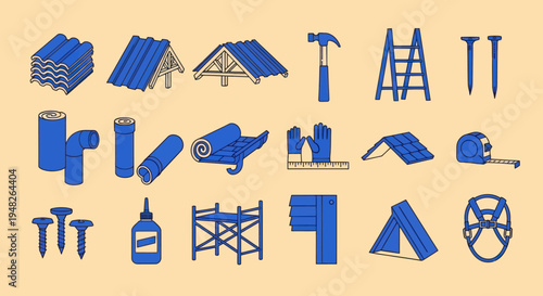 Construction Tools and Materials Icons Set - Isometric Blue Icons on Beige Background