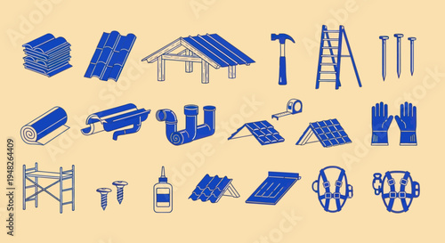 Roofing Tools and Materials Icons Set - Construction and Repair Concept