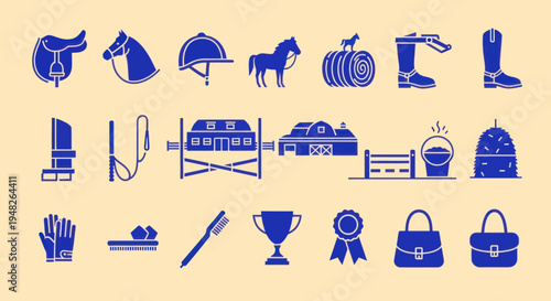 Equestrian Icon Set: Horse Riding Equipment and Farm Elements
