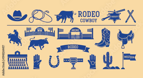 Rodeo Cowboy Icons: Bull, Horse, Hat, Boots, Saddle, Lasso, Cactus, Western