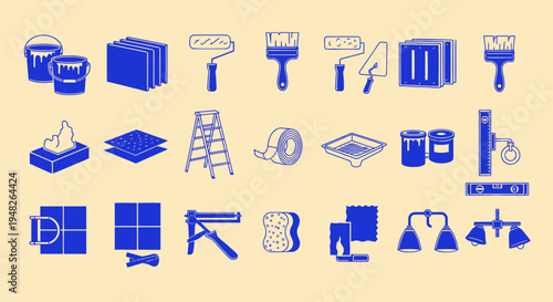 Home Renovation Tools and Materials Icon Set - Blue on Beige Background
