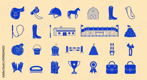 Equestrian Icons Set: Horse Riding Equipment, Barn, Arena, Trophy, Awards