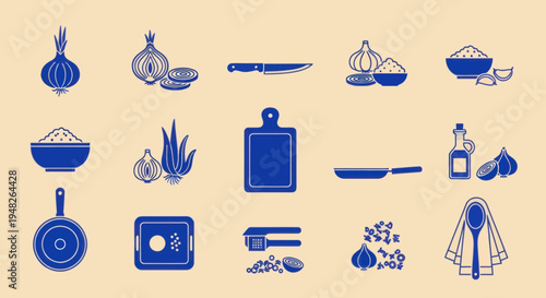 Kitchen Ingredients and Tools Flat Icons Set - Onion, Garlic, Cooking Utensils, Oil, Salt