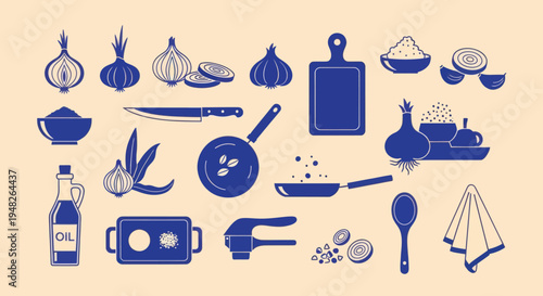 Kitchen Utensils and Ingredients Collection: Onions, Garlic, Oil, and Cooking Tools