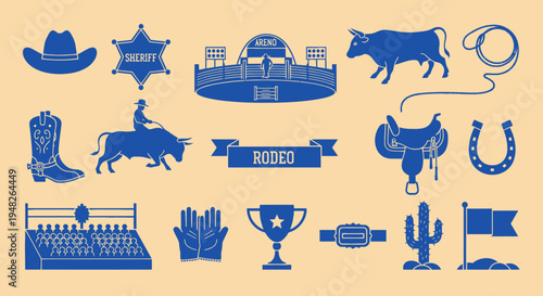 Rodeo Icon Set: Bull Riding, Cowboy Hat, Boots, Lasso, Trophy, Cactus