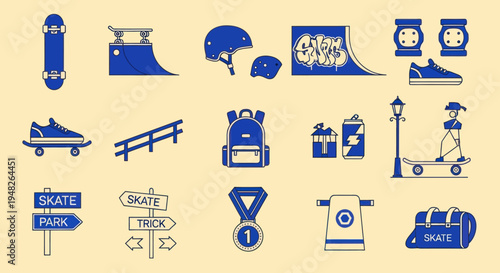 Skateboarding Icons Set: Equipment, Ramps, and Accessories