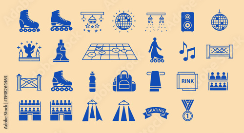 Roller Skating Icons Set: Disco Ball, Rink, Music, Award & Sport Equipment