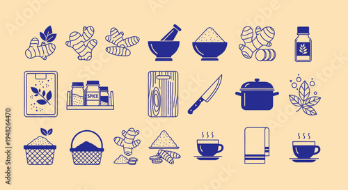 Ginger Ingredients and Kitchen Tools Icons - Natural Health and Cooking