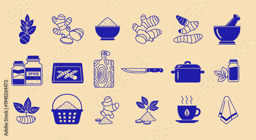 Ginger Root and Spice Icons: Cooking, Health, and Natural Ingredients Collection