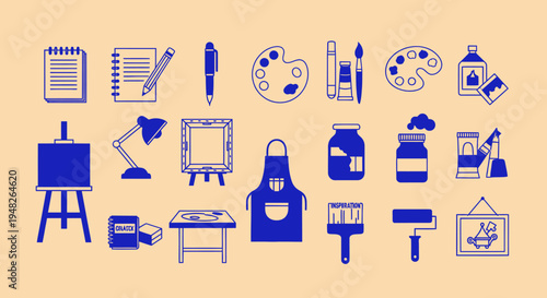 Art supplies icons set, creative tools and materials for painting and drawing