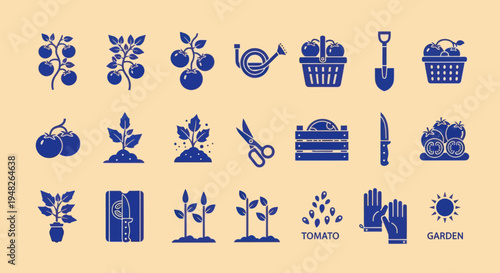 Gardening Icons: Tomato Plants, Tools, Harvest, and Sun - Vector Set