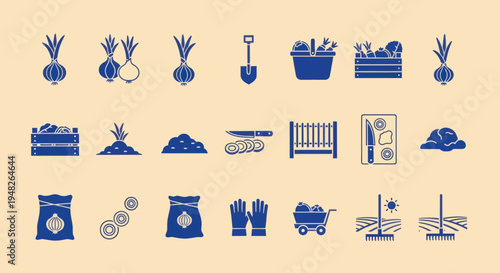 Gardening and Farming Icons: Onions, Vegetables, Tools, and Soil Icons