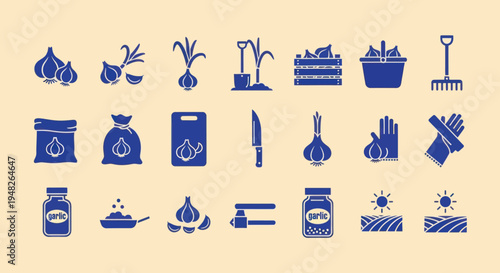 Garlic Farming and Cooking Icons: Harvest, Preparation, and Seasoning