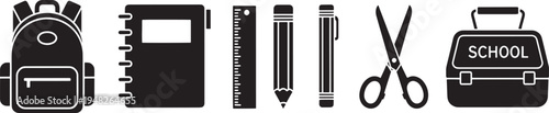 Black and white school supplies including backpack notebook ruler pencil scissors lunchbox