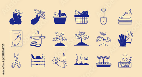 Gardening Icons: Eggplant Harvest, Tools, Plants, and Basket on Beige Background