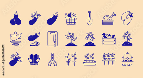 Gardening Icons: Eggplants, Plants, Tools, Basket, Sun