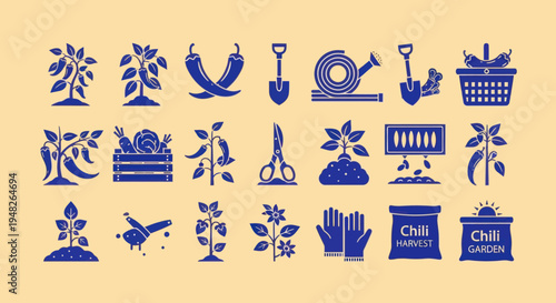 Gardening Icons: Chili Peppers, Plants, Tools, and Supplies