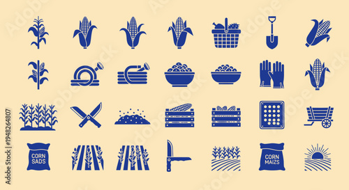 Corn Farming Icons: Harvest, Agriculture, Food Production & Rural Life
