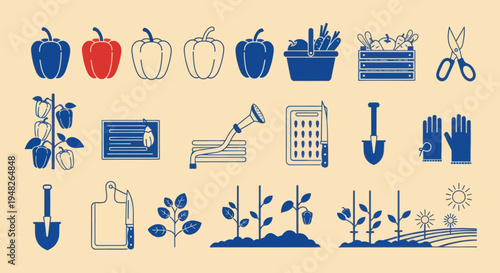 Gardening and Farming Icons Set: Vegetables, Tools, and Harvest