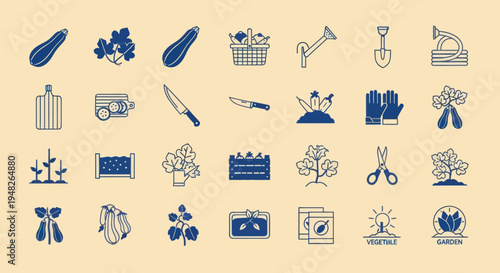 Gardening Icons Set: Vegetables, Tools, and Plants - Blue Line Art on Beige Background