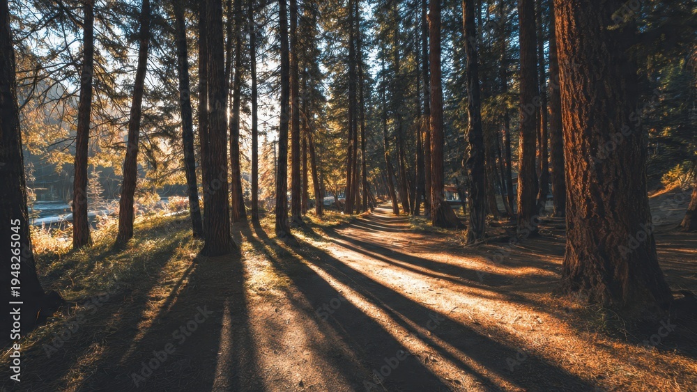 Obraz premium Forest Path with Sun and Shadows
