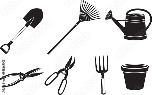 Gardening tools shovel rake watering can pruners