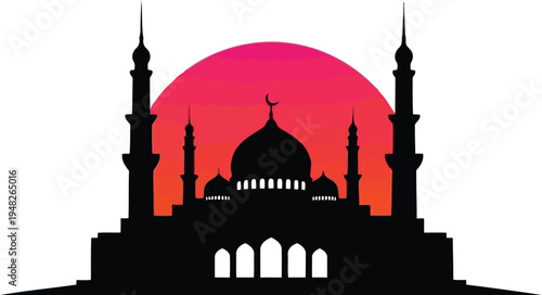 Islamic Mosque Silhouette with Sunset Background for Ramadan and Eid Celebration Design