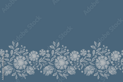 Vintage floral ethnic tapestry modern embroidery texture boho design vector illustration hand drawn silhouette indigo blue flower motif branches leaves wallpaper seamless background border