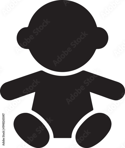 Simple black silhouette of a sitting baby or toddler figure with a hat