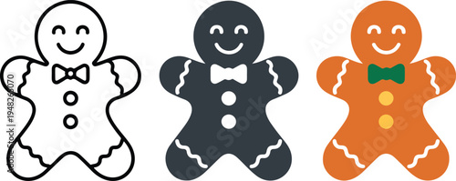 Minimalist gingerbread man icon set with line art, gray silhouette, and orange festive variations arranged horizontally