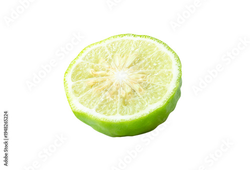 Front view of fresh green bergamot fruit or kaffir lime in half isolated with clipping path in png file format