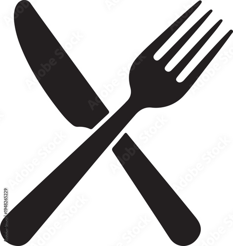 Crossed black and white cutlery icons of knife and fork on a plain background