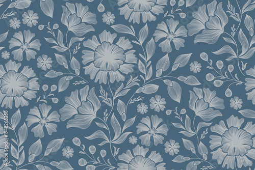 Vintage floral ethnic tapestry modern embroidery texture boho design vector illustration hand drawn silhouette indigo blue flower motif branches leaves wallpaper seamless background border