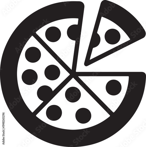 A stylized black and white illustration of a partially eaten pepperoni pizza.