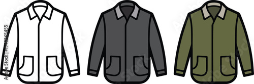 Minimalist work jacket icon set with line art, gray, and olive green variations showing front view with pockets and collar