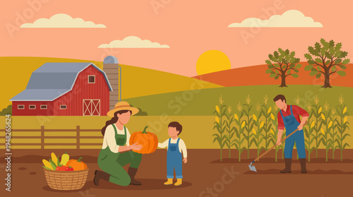 This picturesque farmer scene captures a family engaging in pumpkin harvesting on their farm, showcasing the joy of working together in nature amidst stunning agricultural landscapes.