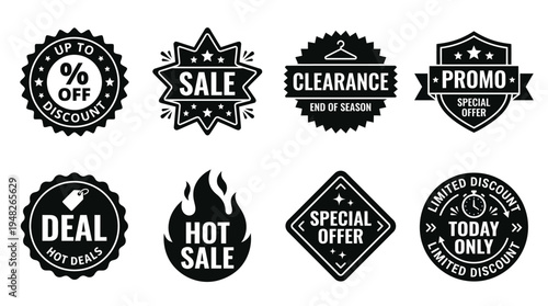 Promotional Price Icons: Black and White Discount Labels for Retail Marketing