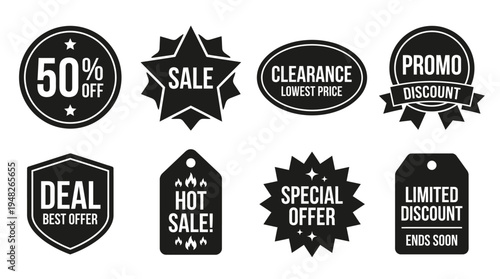 Promotional Discount Badges: Black and White Sale Labels for Retail Marketing