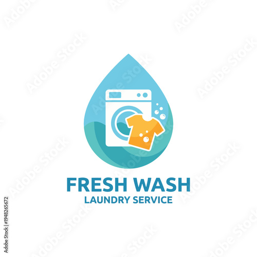 This bright and inviting image showcases a laundry service logo with a washing machine and droplet design, emphasizing cleanliness and freshness in laundry services.
