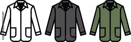 Minimalist work jacket icon set with line art, gray, and olive green variations showing front view with pockets and collar