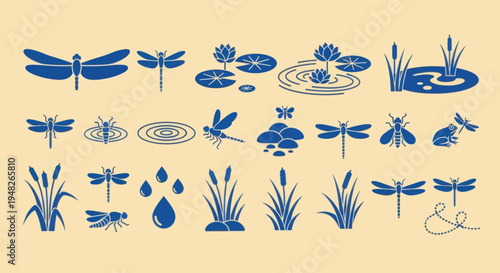 Dragonfly and Pond Life Icons: Water Lilies, Reeds, Insects, Water Droplets