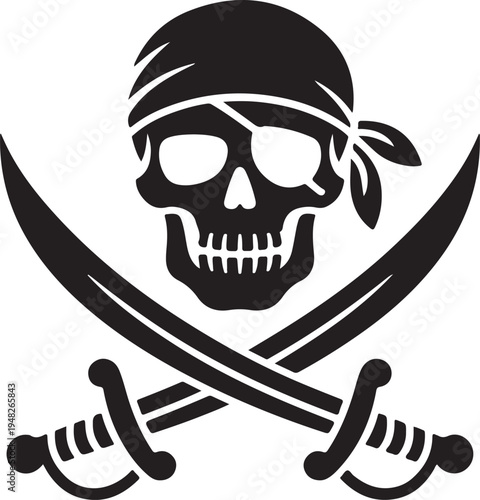 Classic black and white pirate skull and crossed swords emblem with bandana