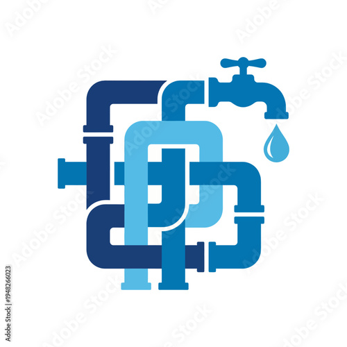 An intricate illustration of interconnected blue and green pipes with a faucet, representing plumbing systems and their essential role in modern infrastructure and water management.
