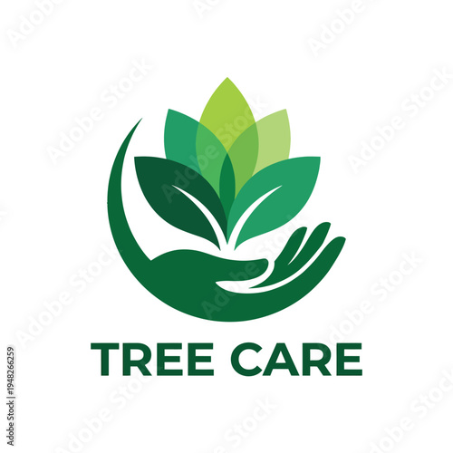 A stylized depiction of a green hand nurturing leaves, representing the importance of tree care and environmental stewardship for a sustainable future.