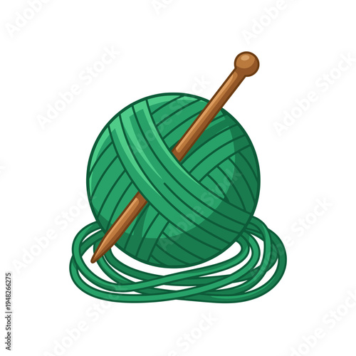 This charming illustration features a green yarn ball alongside crochet needles, perfect for representing crafting, hobby-related products, or artistic lifestyle themes.